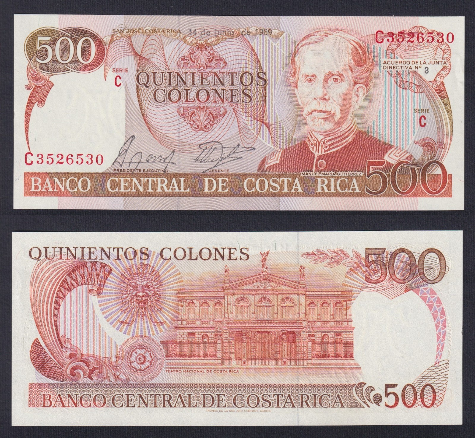 Costa Rica 500 Colones Banknote 1989 P.-255 FDS/UNC