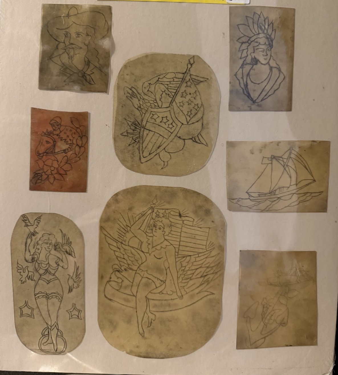Early 20thC Americana Tattoo Flash Stencil Lot Nautical Patriotic
