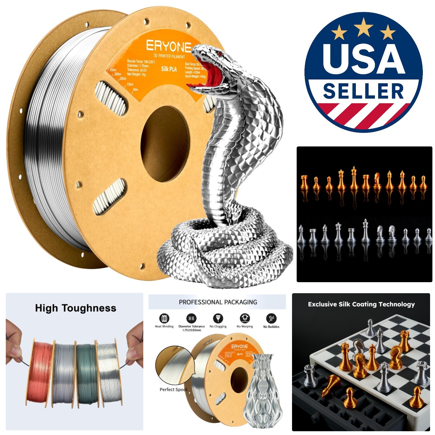 Silk PLA Filament for 3D Printing - 1.75mm, 1kg Spool, Silk Silver Finish