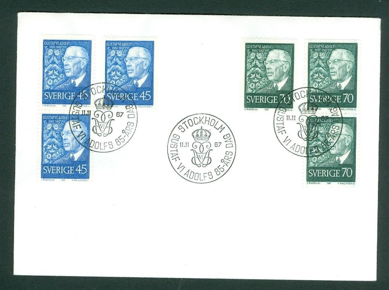 Sweden. 1967 FDC.  King Gustav VI 85 Year. 3 x 45+ 3 X 70 Ore. Sc # 765-766.