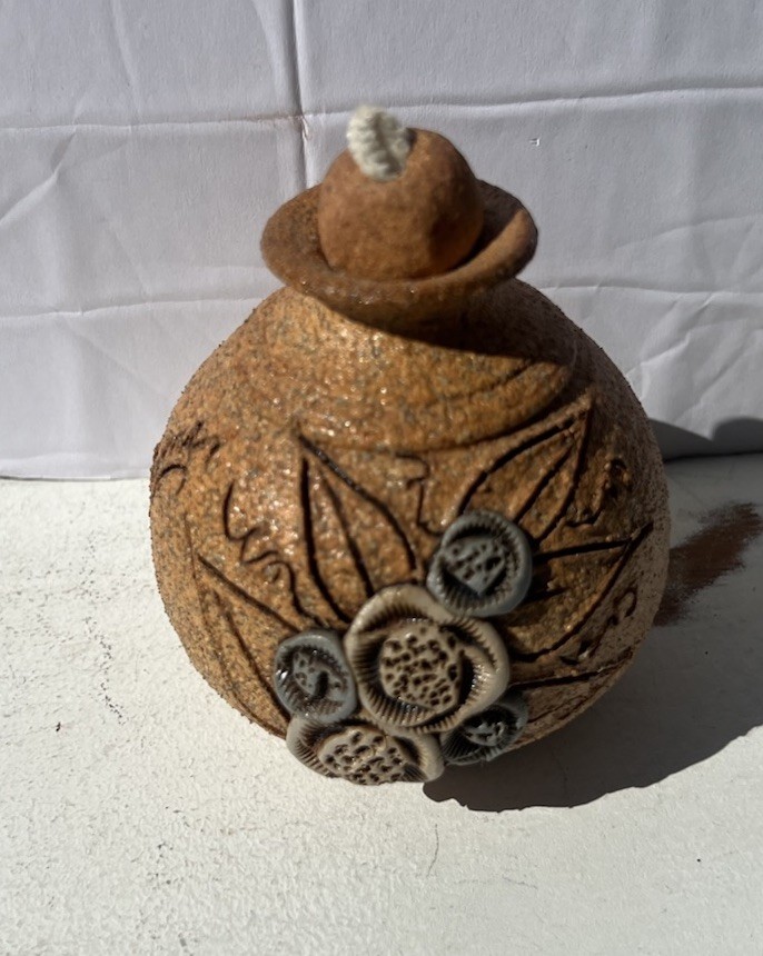 Studio Art Pottery Oil Lamp Signed Carma Vintage Folk Art