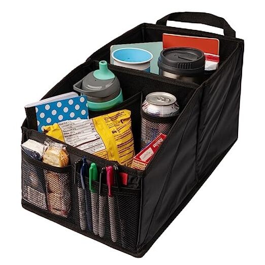  Car Seat Organizer - Built-In Car Cup Holders & Mesh Pockets - Foldable Black