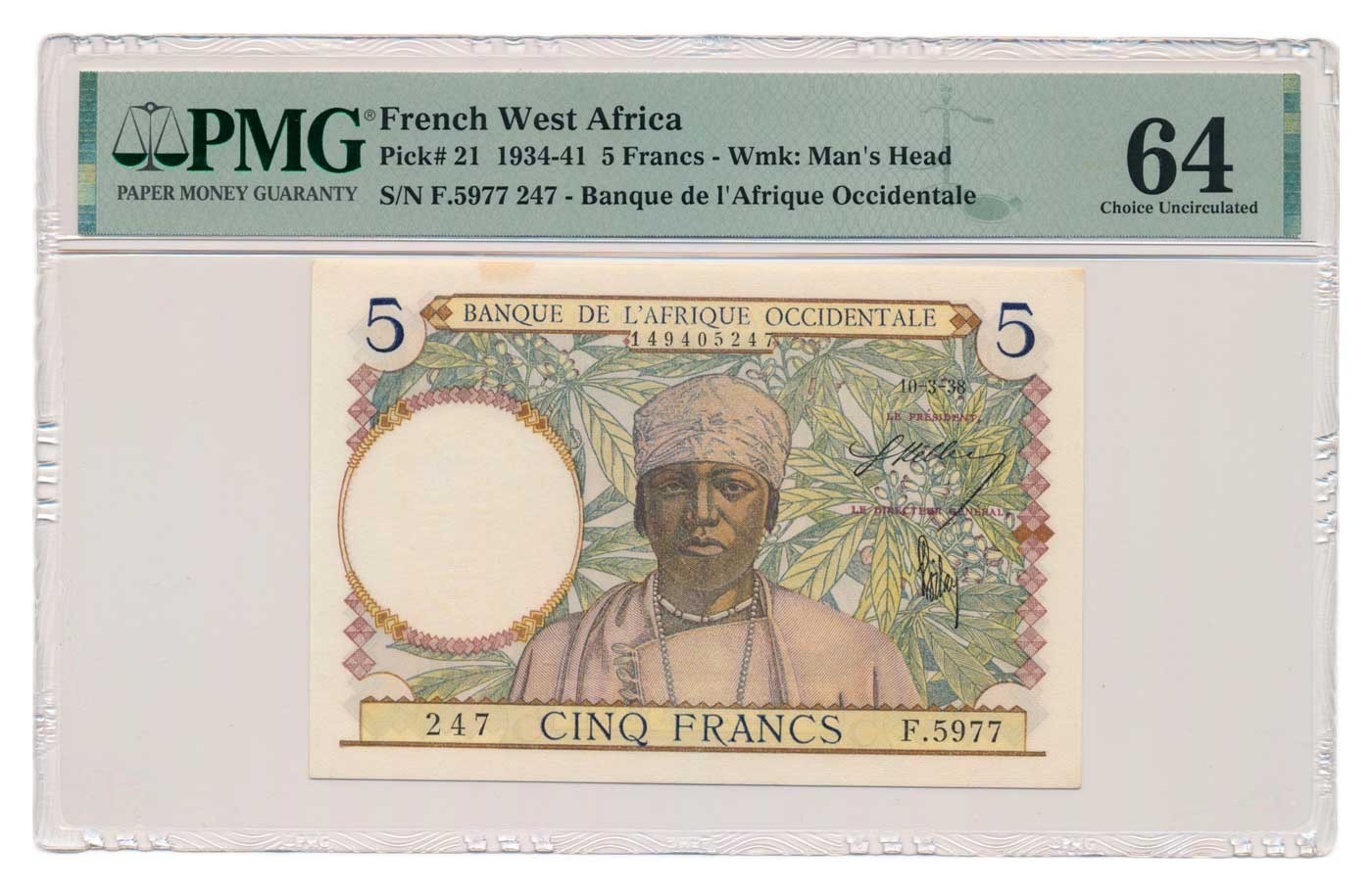 FRENCH WEST AFRICA banknote 5 Francs 10.3.1938 PMG MS 64 Choice Uncirculated