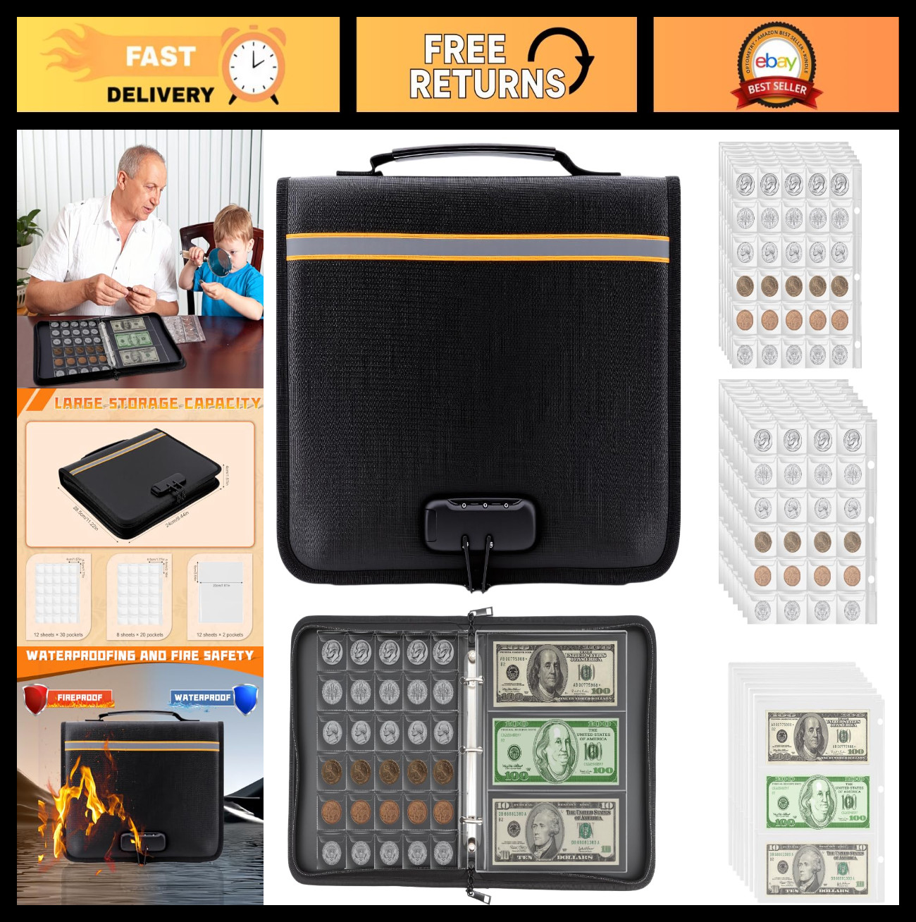 Fireproof Waterproof Coin Collection Album with 520 Pockets & Lock - Currency Bi