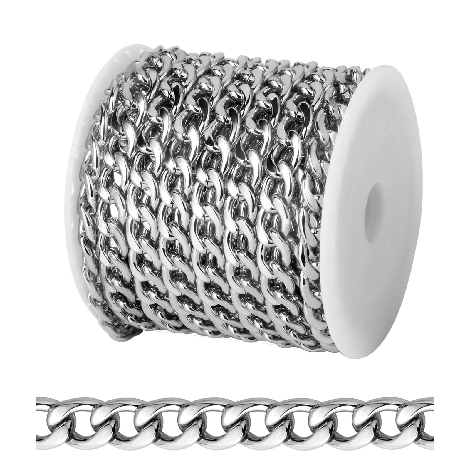 [16.5 FT] Silver Curb Chains for Jewelry Making, 7mm(stainless steel color) 