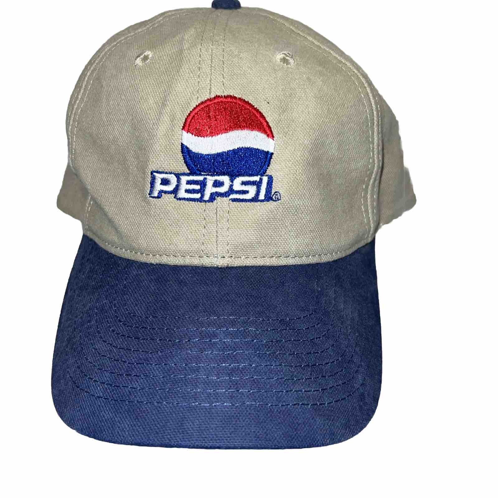 Pepsi RWB Logo on Tan Hat Cap with Blue Bill Strap Metal Buckle Head Shots