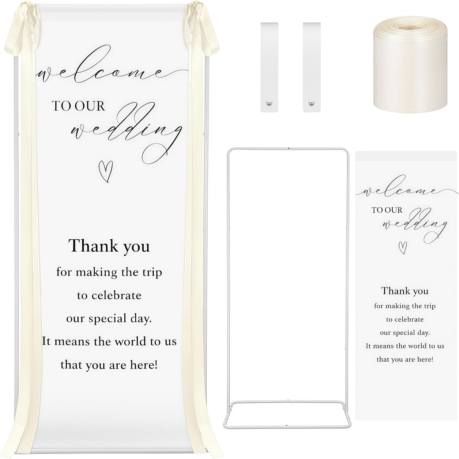 Lumina Adjustable Wedding Welcome Sign Stand with Linen and Satin Ribbon, Beige