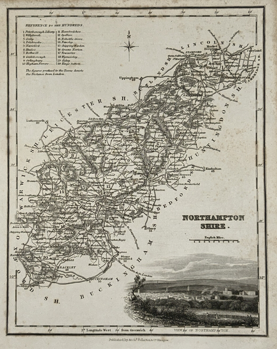 1835 Northamptonshire Antique Map with View of Northampton By Fullarton