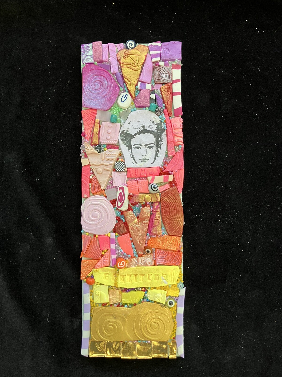 Handmade Clay Mosaic Art “Feeling Grateful “ Polymer Clay  On Wood  12”x4”