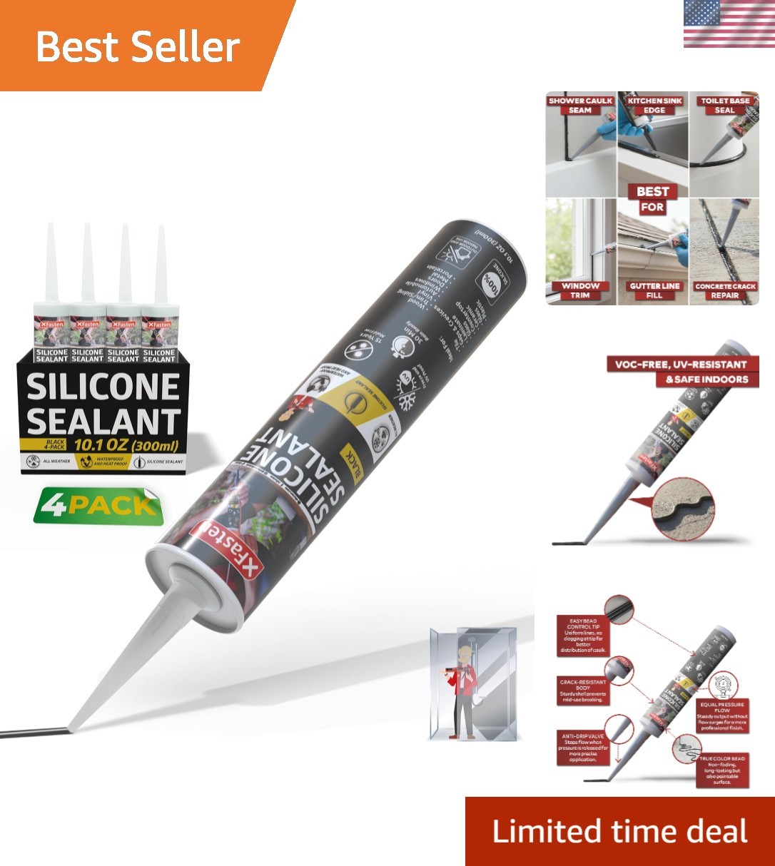 Silicone Sealant Waterproof Black Cartridge, 10.1 oz 4-Pack Black Caulking Si...