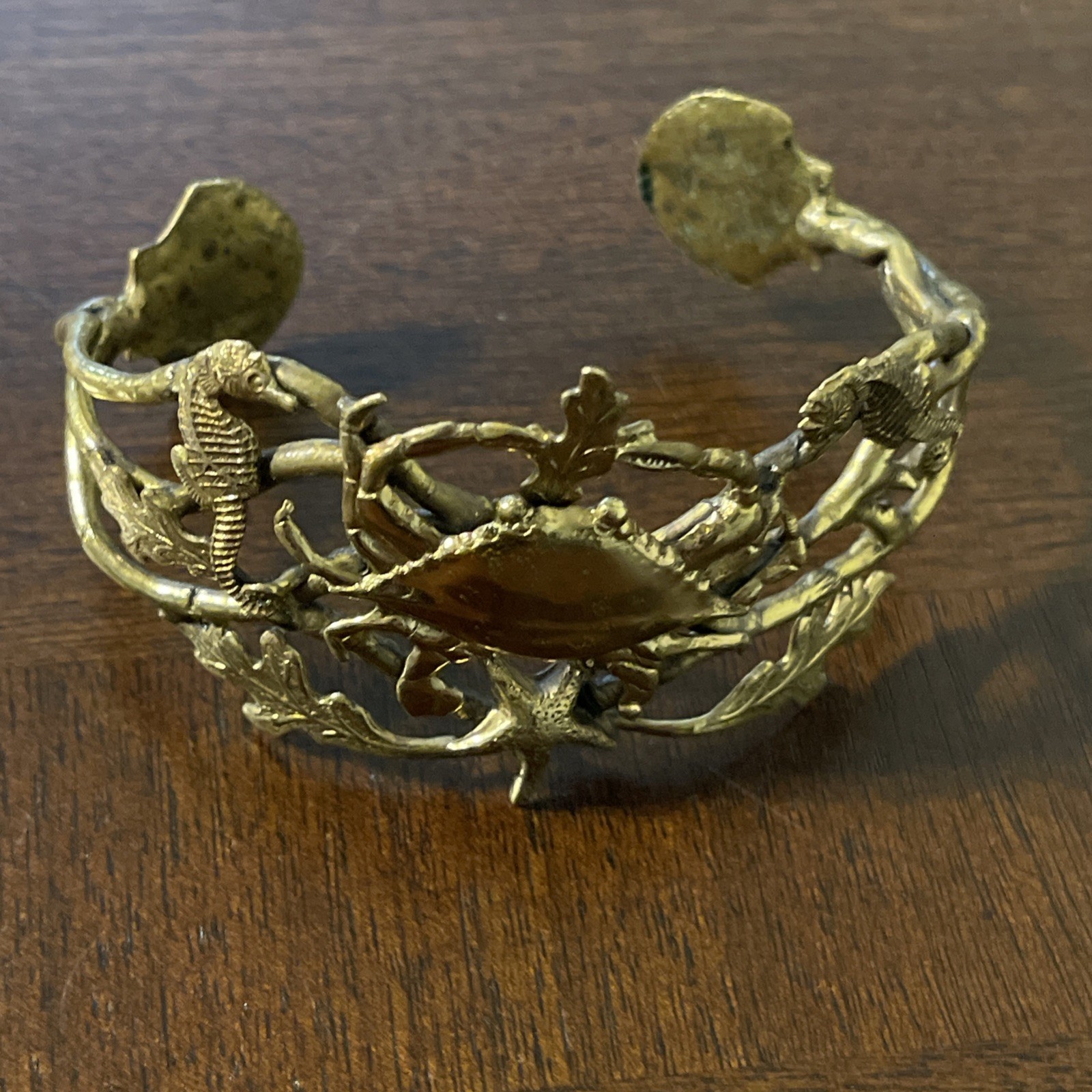 Vintage Antiqued Brass Cuff Bracelet Nautical Sea Life Hammered