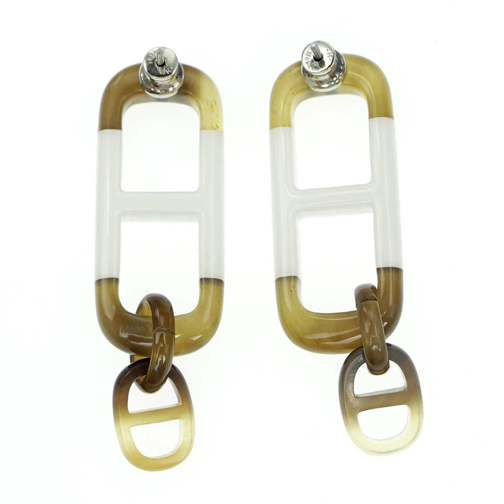 HERMES HERMES Earrings Amar Buffalo Horn White Brown Silver Hardware Swing Acce