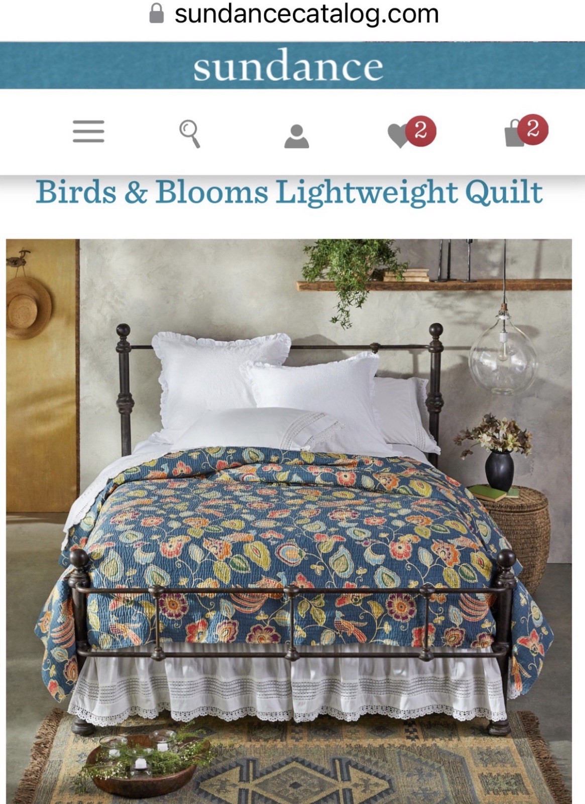 Sundance Catalog King Size “Birds & Blooms” Lightweight Quilt Bedspread