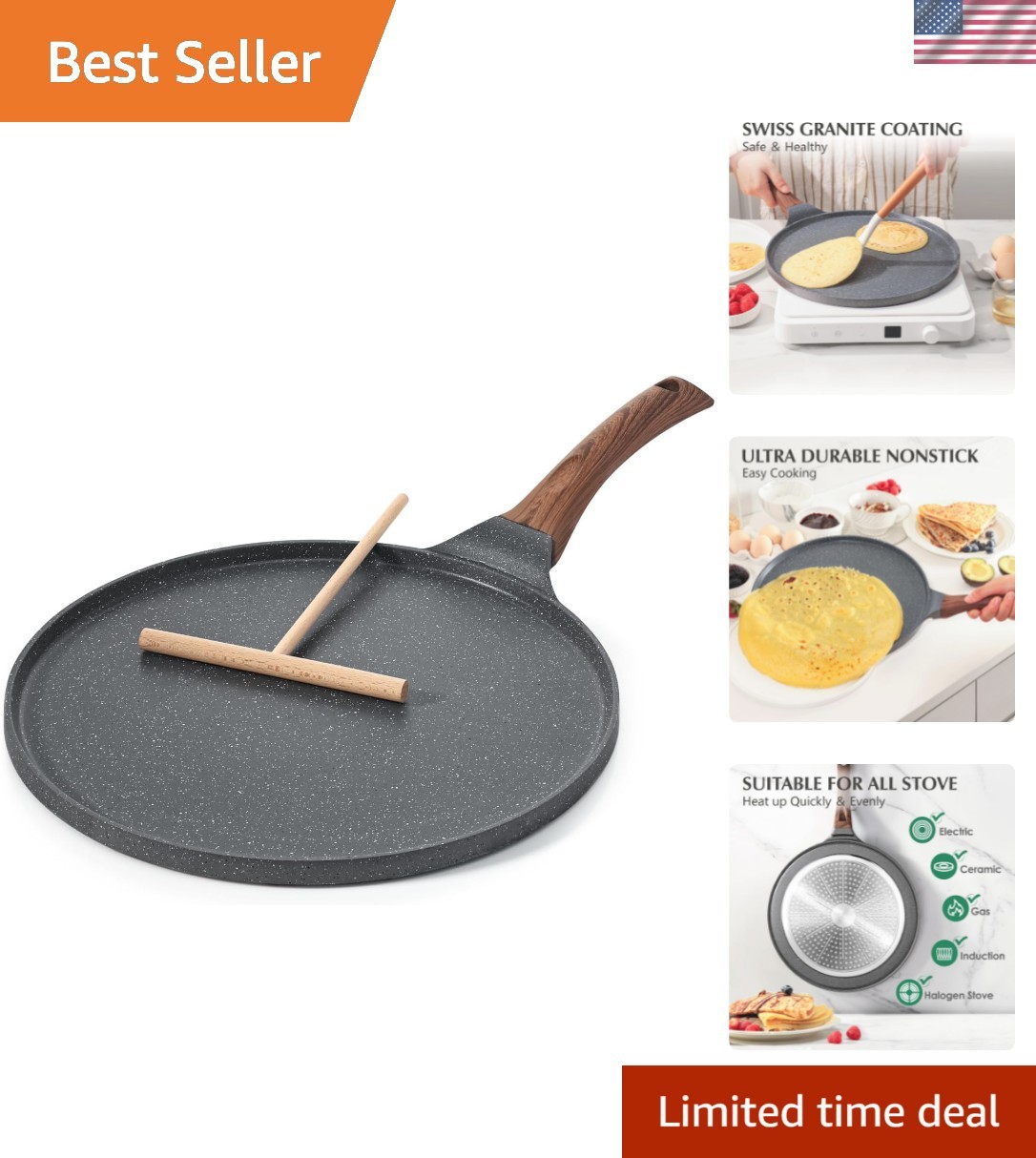 Nonstick Crepe Pan, Swiss Granite Coating Dosa Pan Pancake Flat Skillet Tawa ...