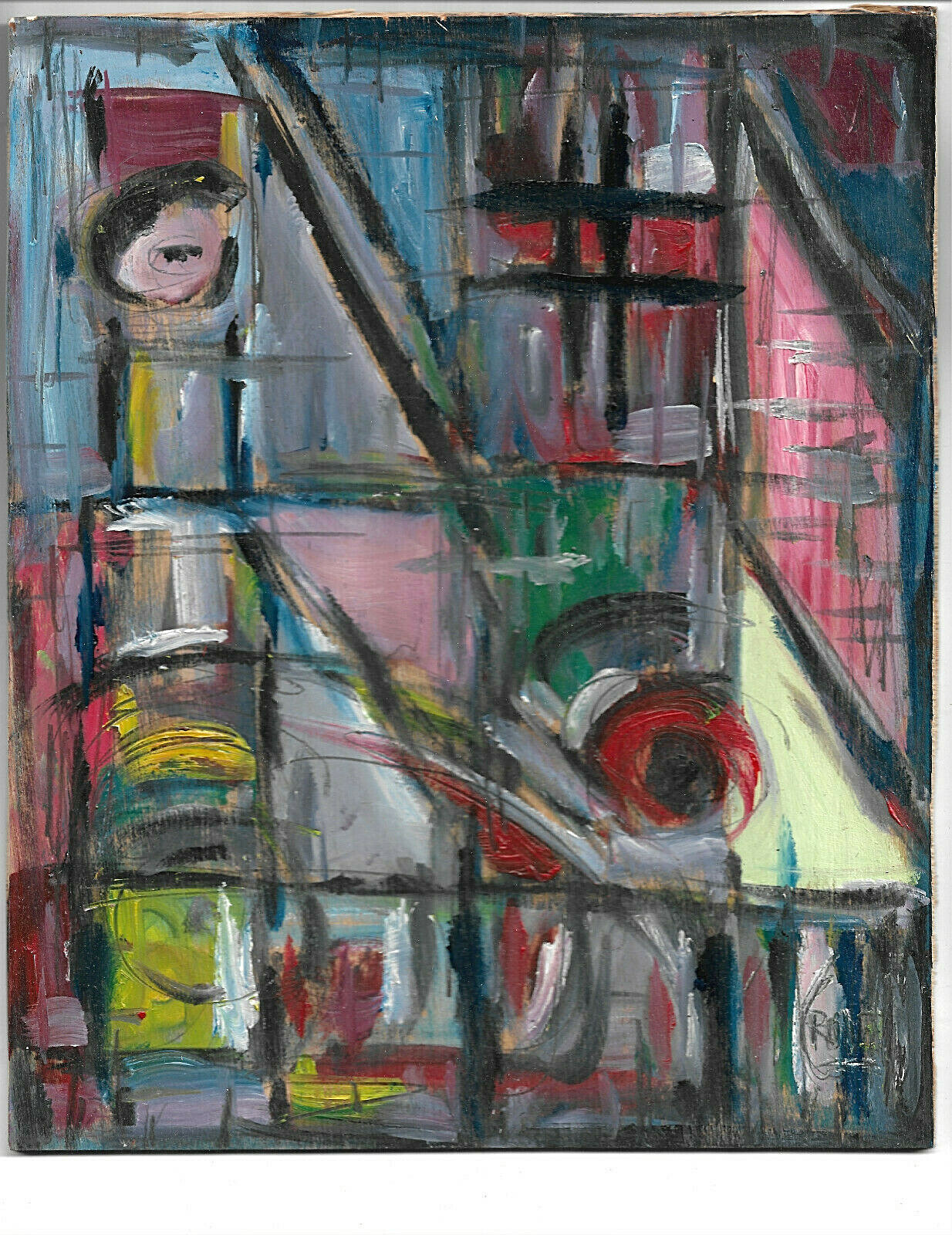 TICKET TO RIDE  abstract NEW oil painting Vintage 8x10 wood art signed Crowell