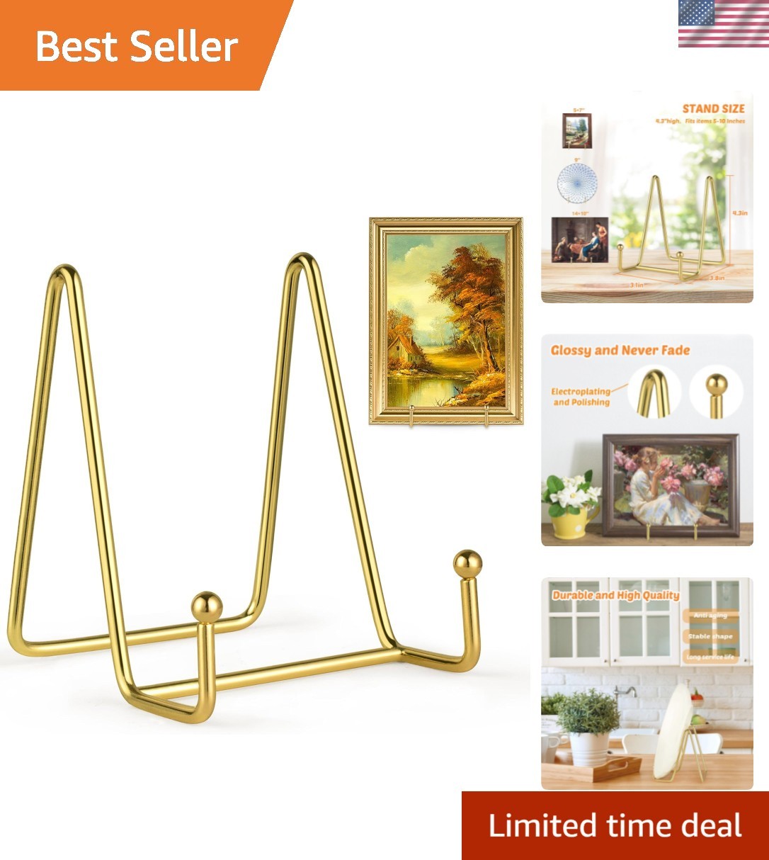 2 Pack 4 Inch Gold Plate Stands for Display, Metal Square Wire Easel Stand, P...