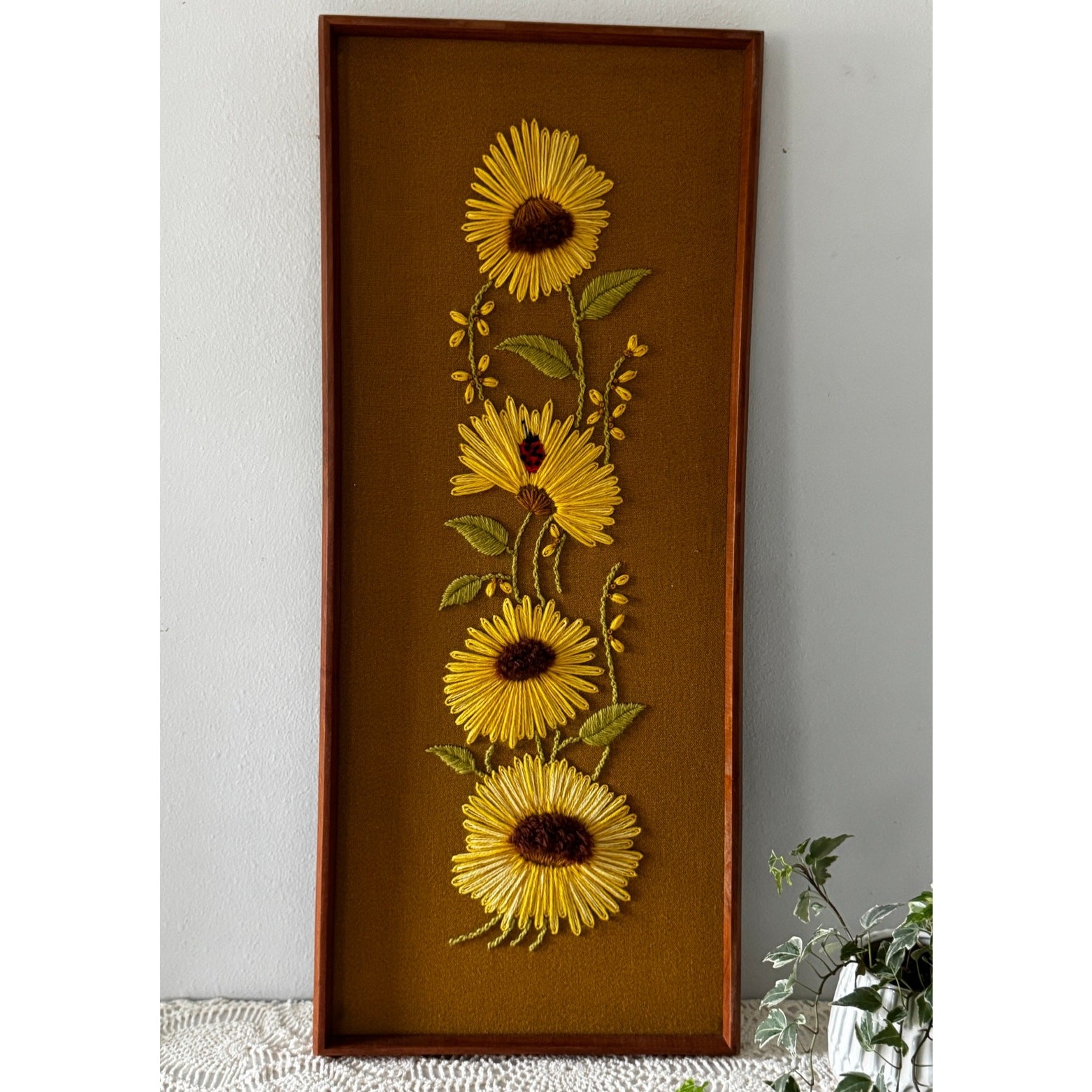 Vintage Framed Sunflower & Lady Bug Crewel Embroidery Wall Art