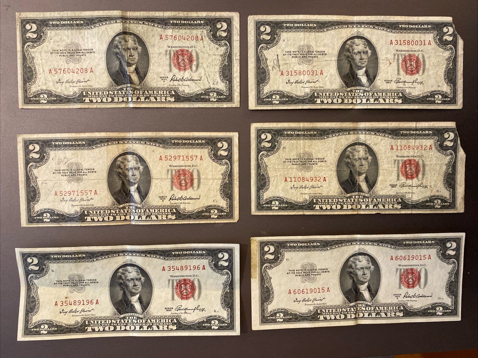 1953 B $2 Dollar United States Note Red Seal.  lot of Six Two With Tears 6258