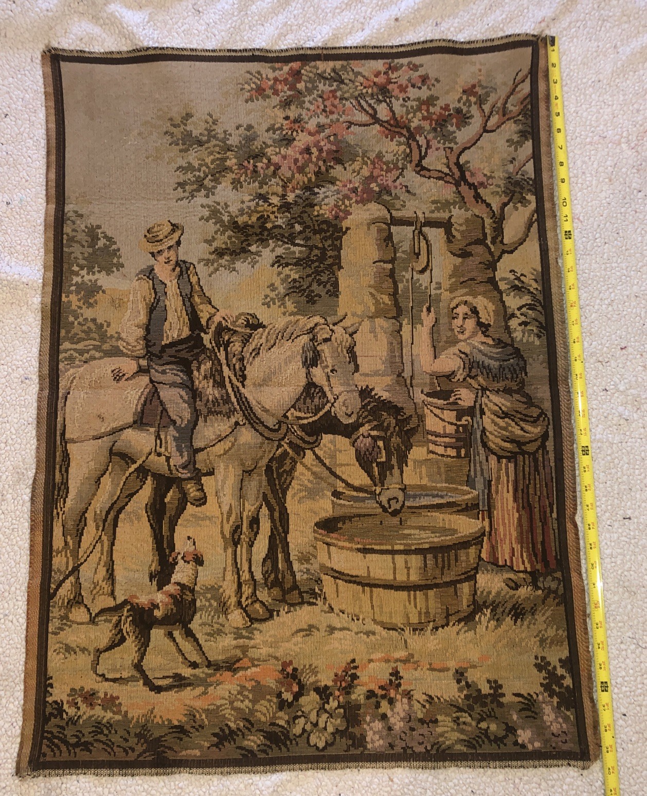 Vintage 30” X 40” Tapestry Belgium Flowering Trees, Horses, And Dog