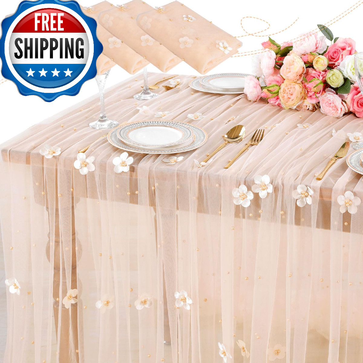 Wedding Pearl Tulle Tablecloth: 3pc Champagne Flower Table Runner Lace Decor