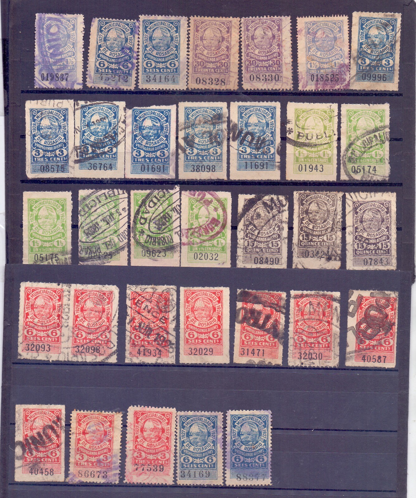 Argentina postal revenue fiscal 27 stamps ROSARIOS  taxa to AFICHES 1927/1928