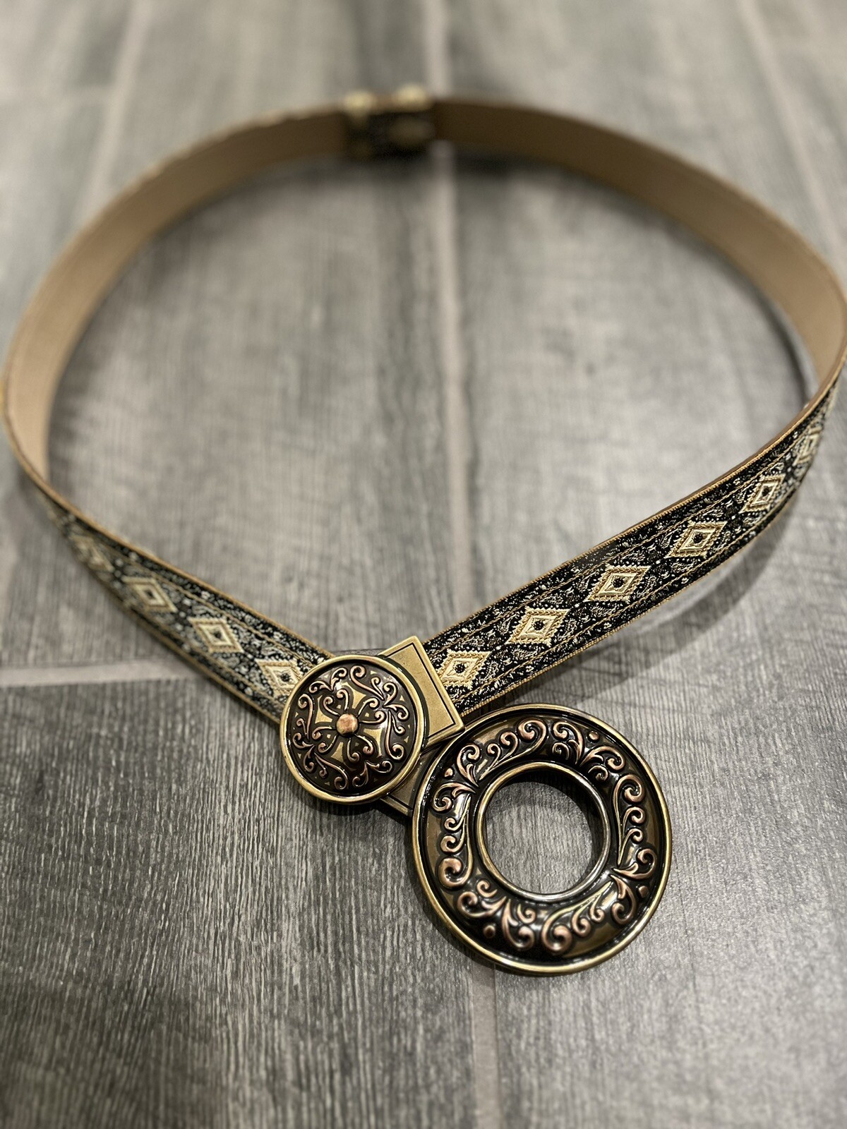 Chico’s Jacquard Slide Adjustable Belt Bronze Tone Circle and Hook Buckle Sz S/M