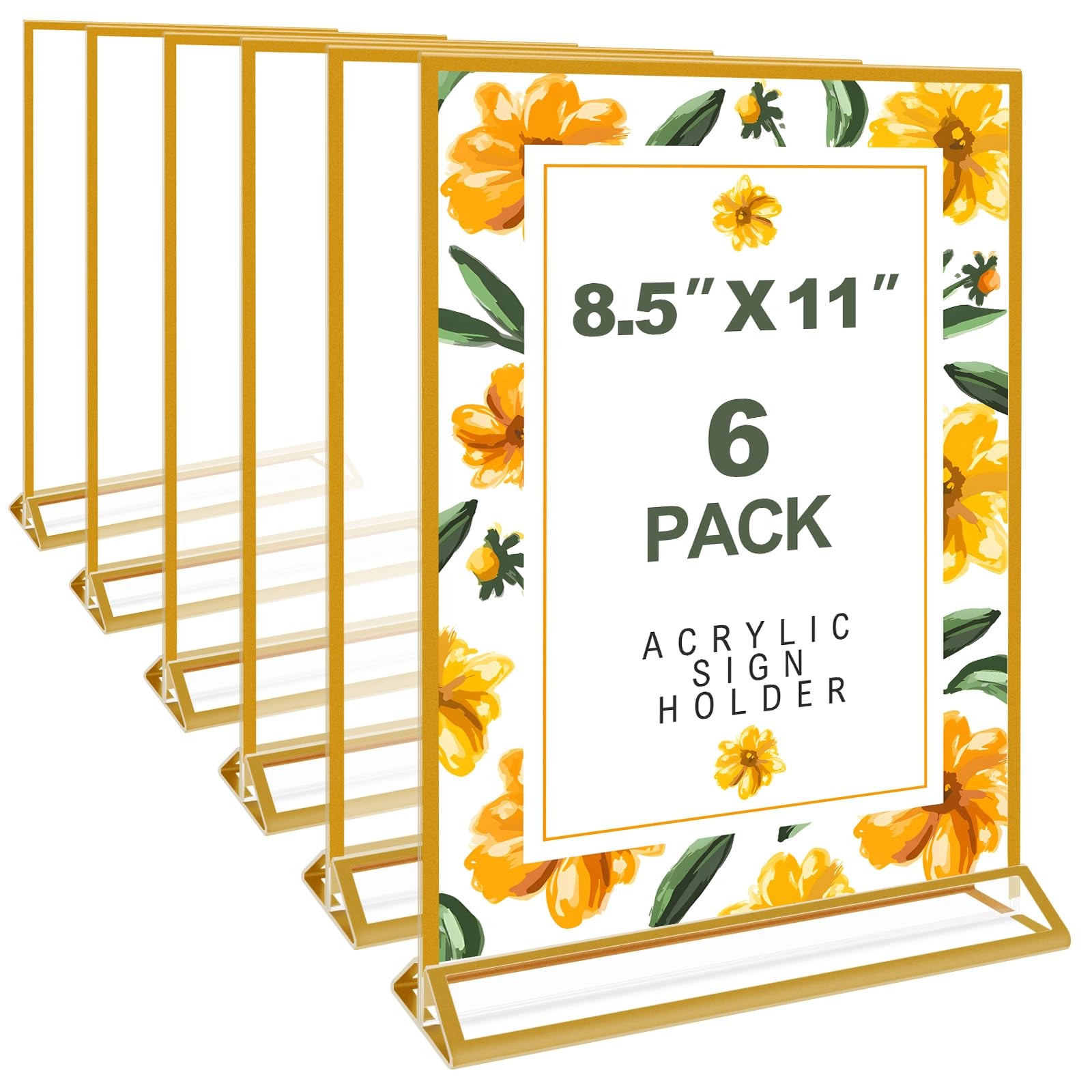 PUJIANG 6 Pack 8.5x11" Gold Acrylic Double Sided Clear Sign Holder Display