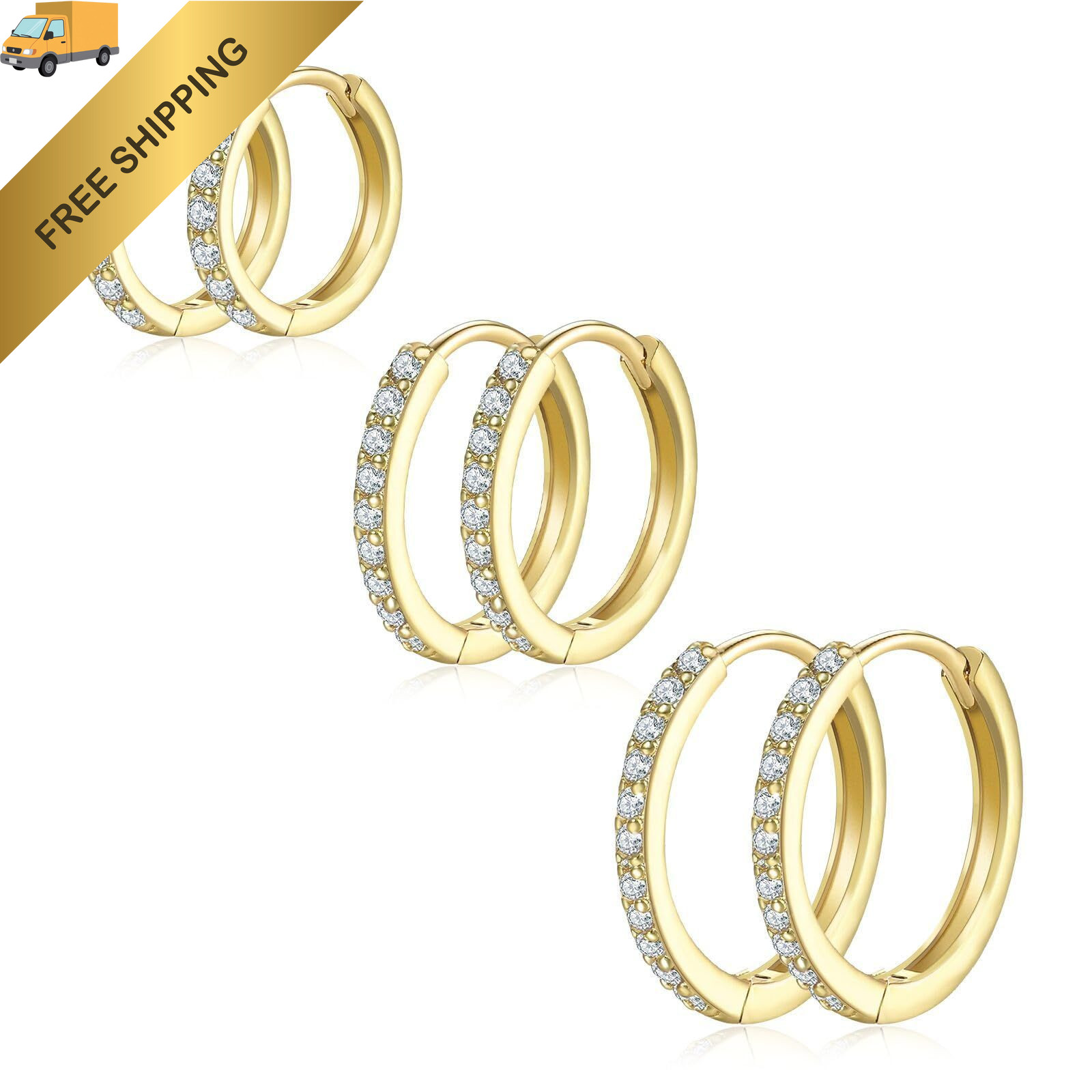 Small Hoop Earrings Cubic Zirconia Huggie Earrings, 3 Pairs 14K 1, Gold 