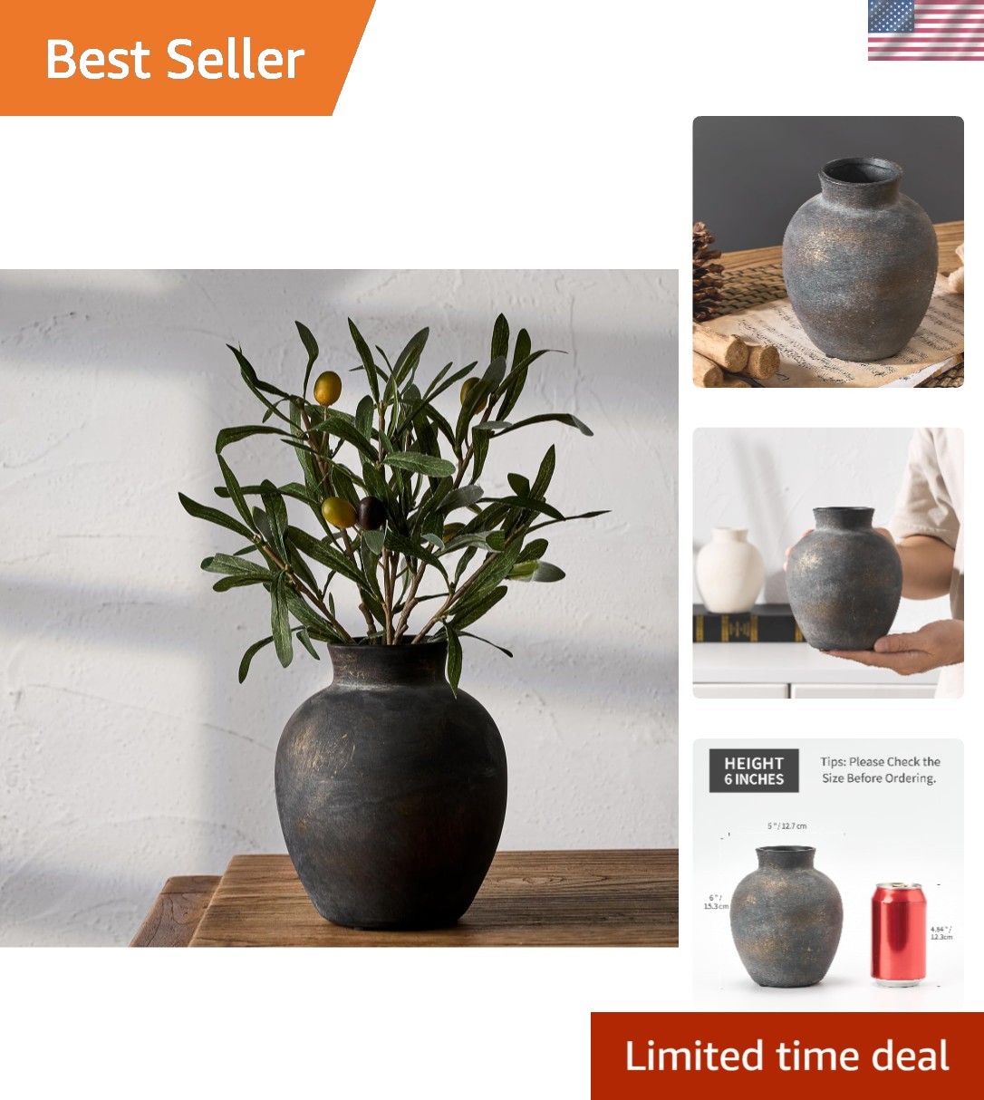 Ceramic Decorative Flower Vase | 6 Inch Pottery Rustic Farmhouse | Boho | Ter...