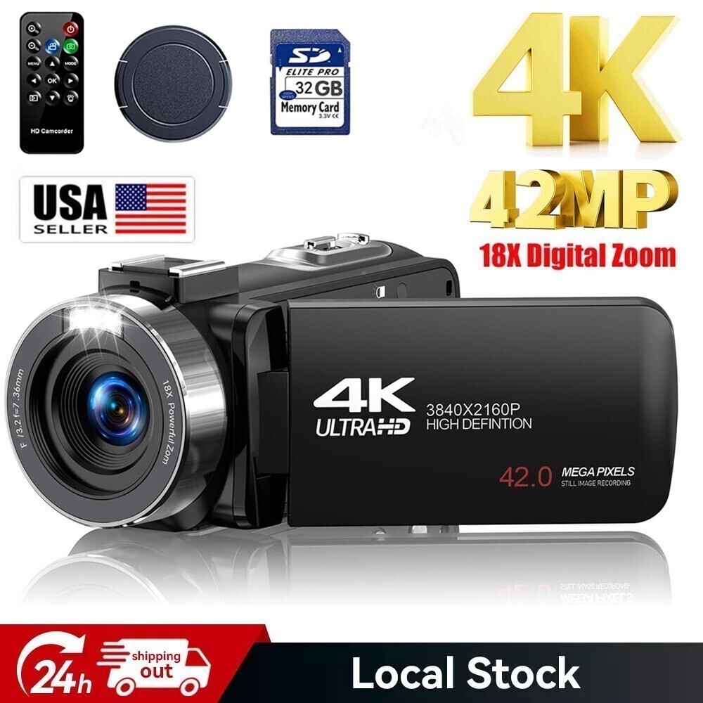 4K 42MP Video Camera Camcorder Vlogging Camera 18X Zoom&32GB with LED Fill Light
