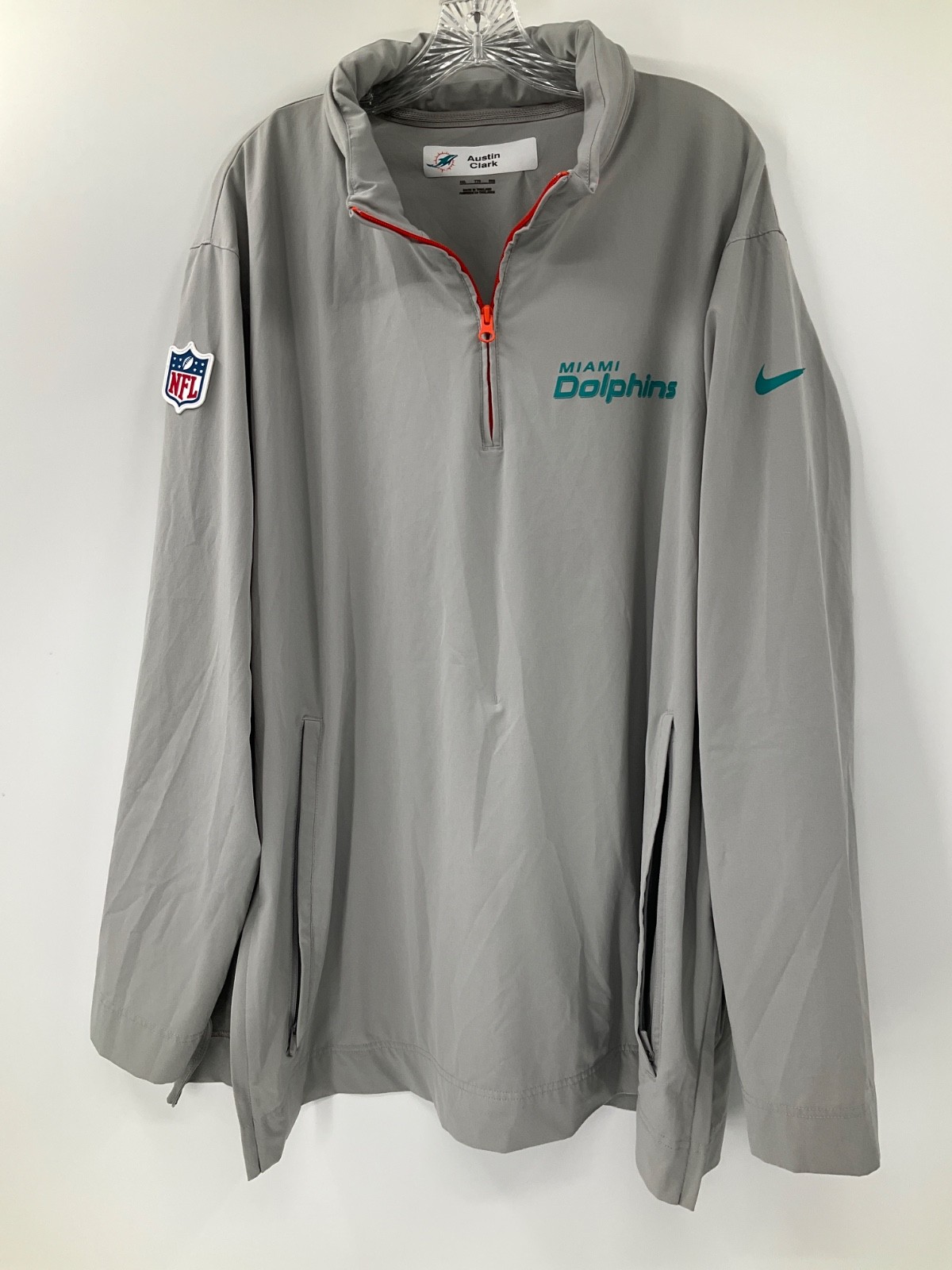 AUSTIN CLARK MIAMI DOLPHINS GAME USED GREY NIKE QTR ZIP TRAVEL JACKET SIZE: 2XL