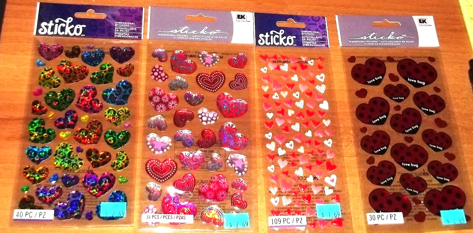 4 PKGS HRART STICKERS EMBELLISHMENTS ~ Hearts,Ladybugs,Leopard print,Dots, Minis