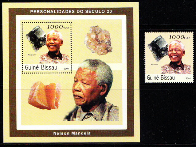 Minerals Fluorite, Guinea Bissau 2001 MNH MS+stamp, Mandela Nobel Peace Winner