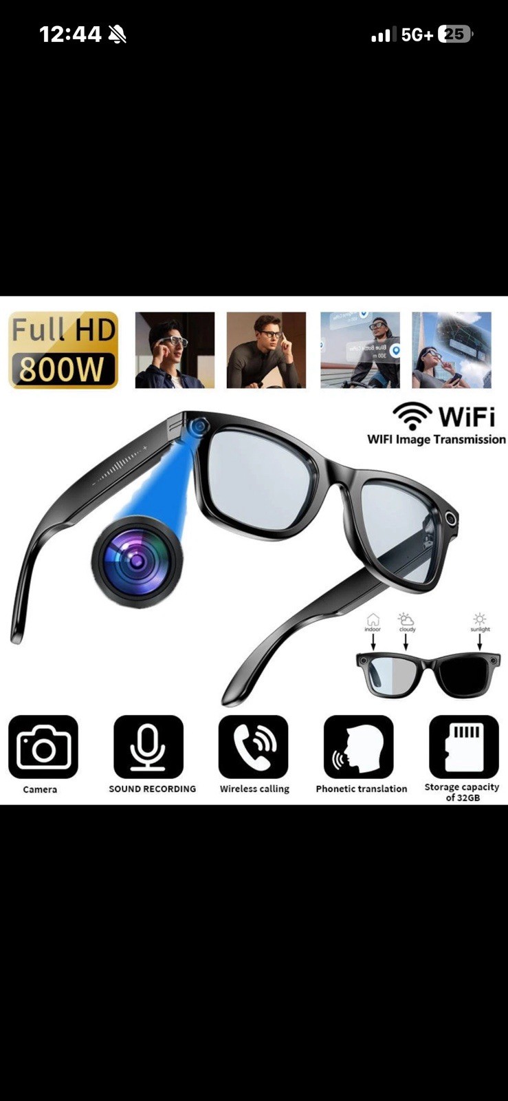 AI Smart Camera Glasses, Wi-Fi Bluetooth, Voice Recording, 2K Photo, Waterproof