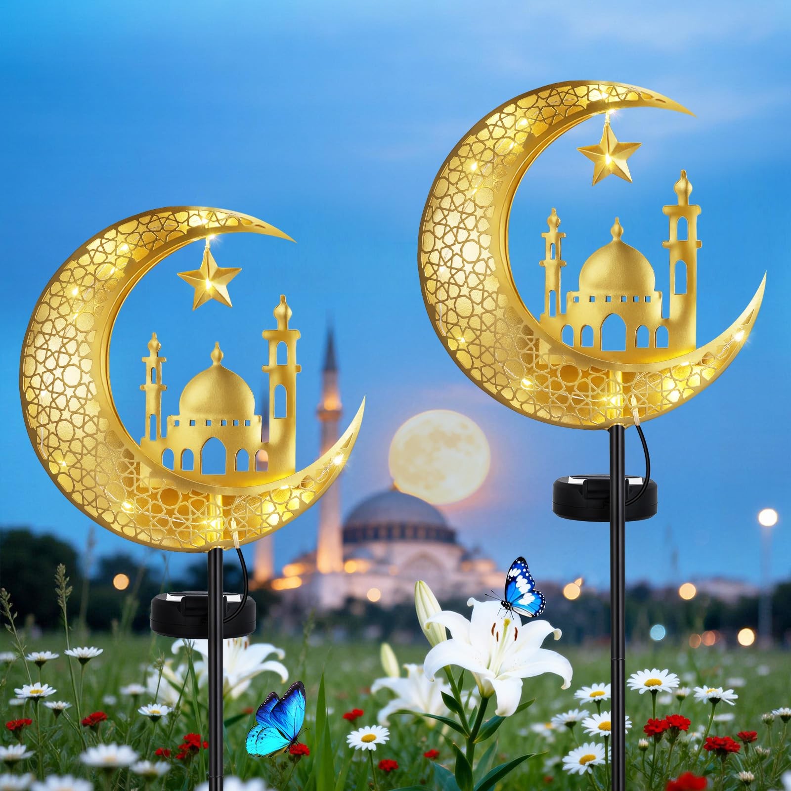 Lewondr 2Pcs Ramadan Solar Lights, Ramadan Decorations Outdoor, Metal Yard Si...