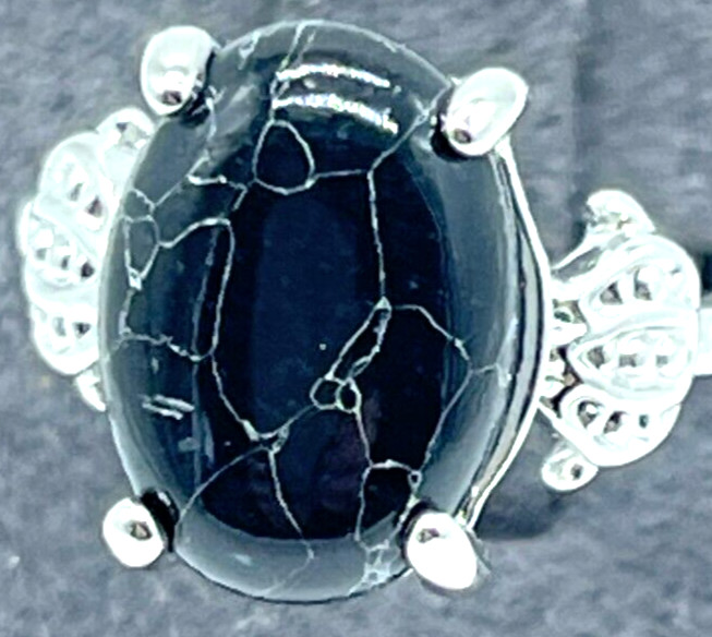 Ring Silver Tone Large Black Turquoise. Size 6