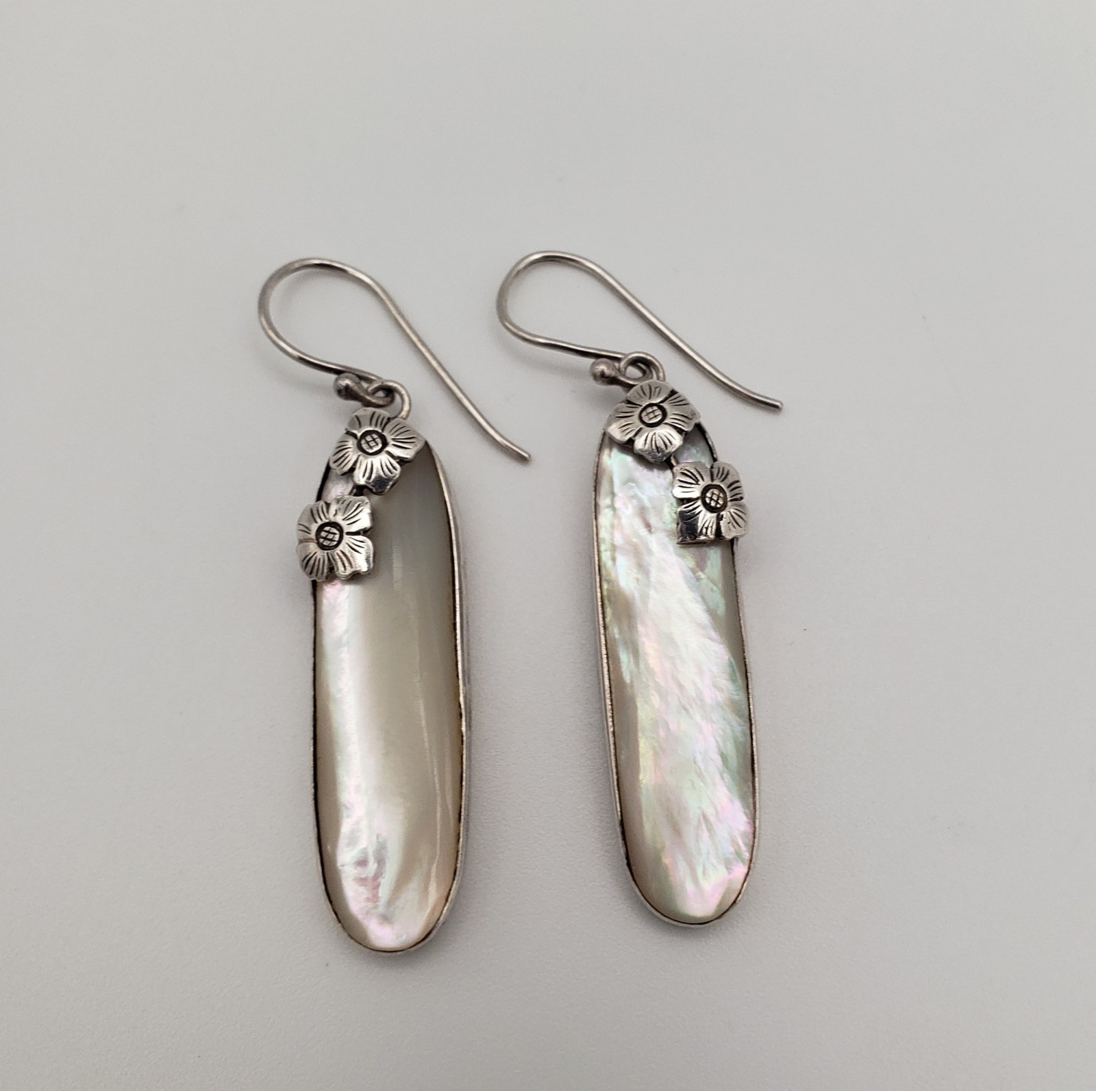 Mother Of Pearl Sterling Silver Long Oval Drop Earrings Native American Style
