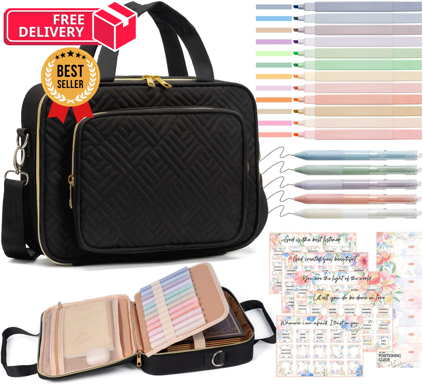 Bible Cover Case for Women, Large Bag w/Shoulder Strap, Black 