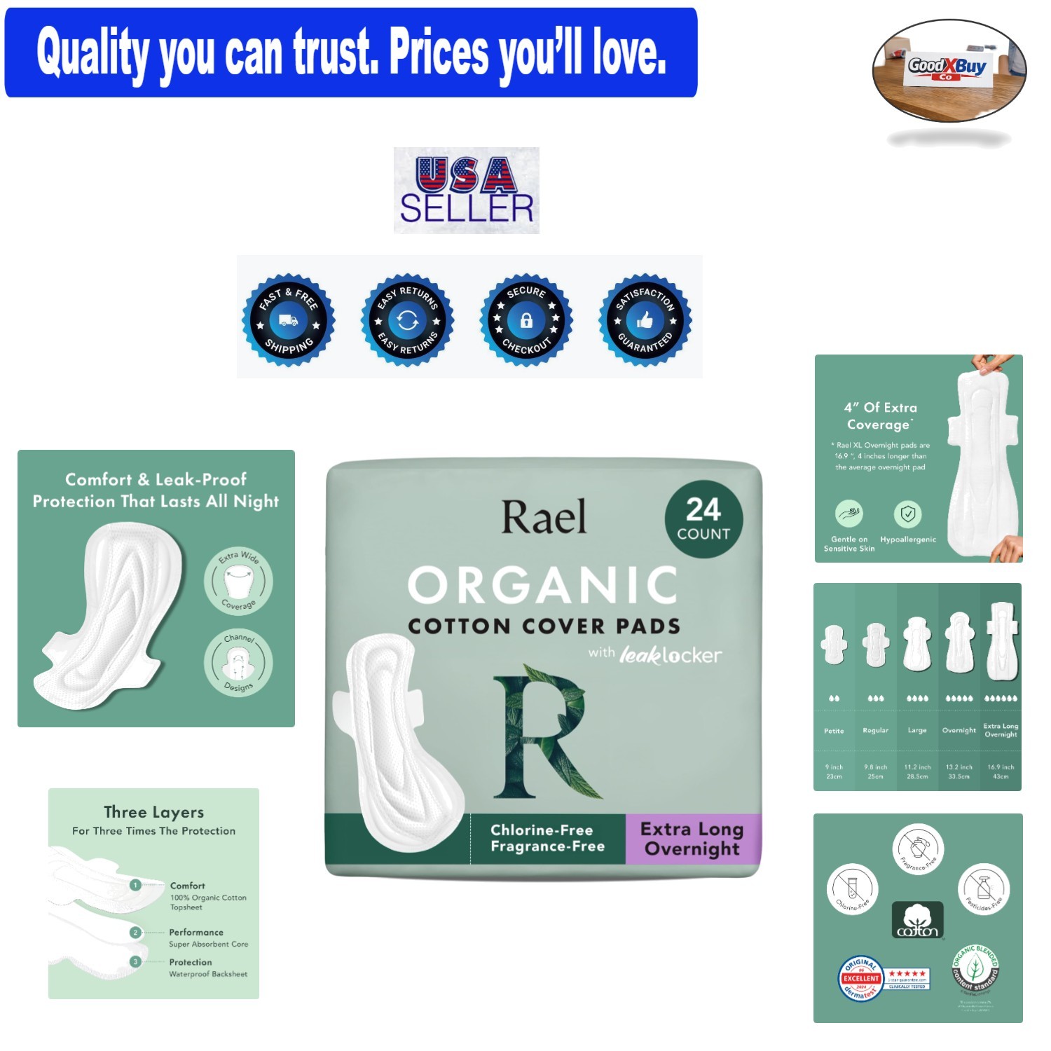 Women’s Organic Cotton Sanitary Pads Extra Long Overnight 24 Pack