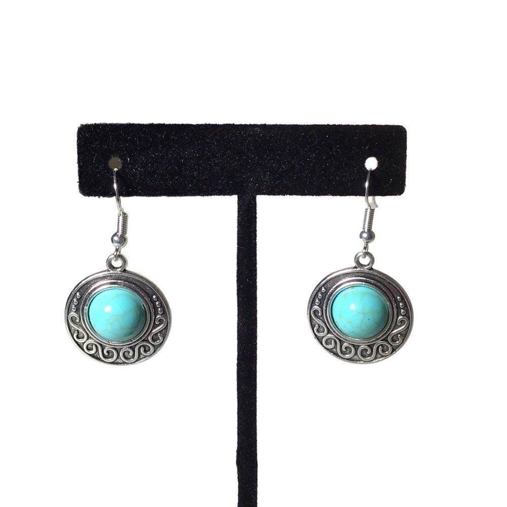 Silver Faux Turquoise Round Drop Earrings