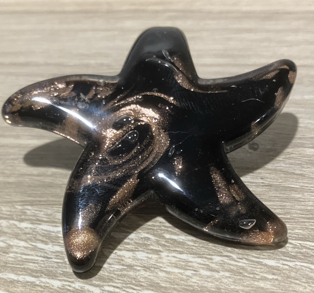 MURANO STYLE  DARK BROWN/BLACK WITH GOLD GLITTER STARFISH PENDANT 2”D