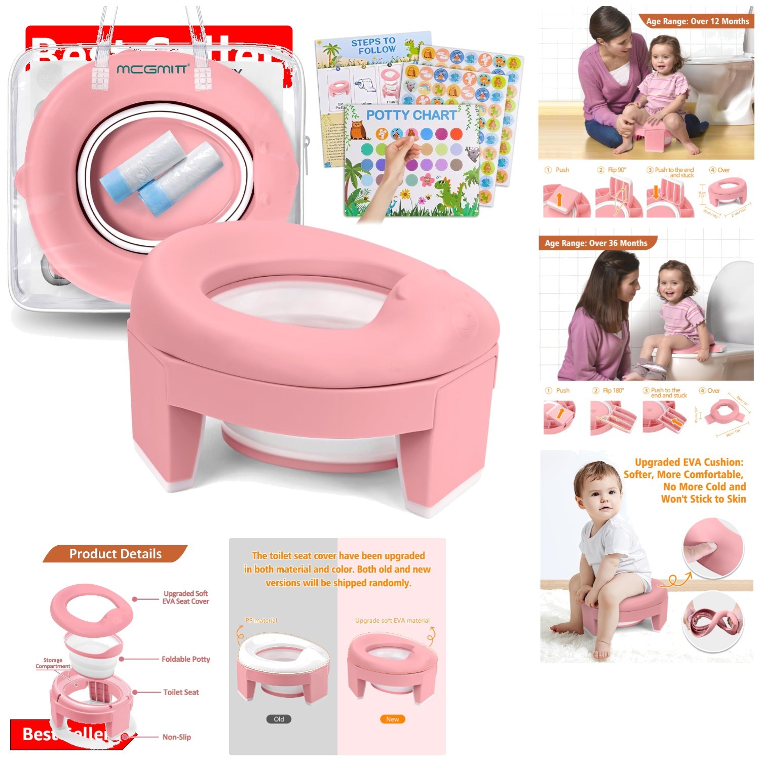Pink Foldable Potty Chair for Toddlers - Lightweight Design & Disposable Bags