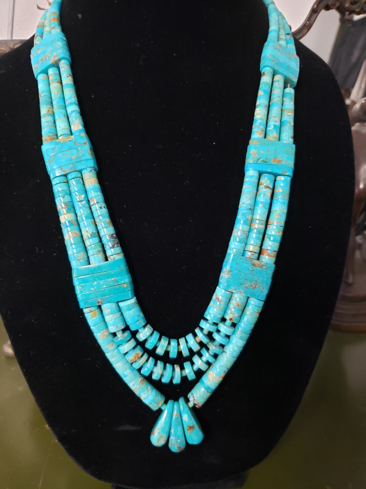 RARE Vintage Native American Turquoise Necklace with Slats 24 inches Plus Drop