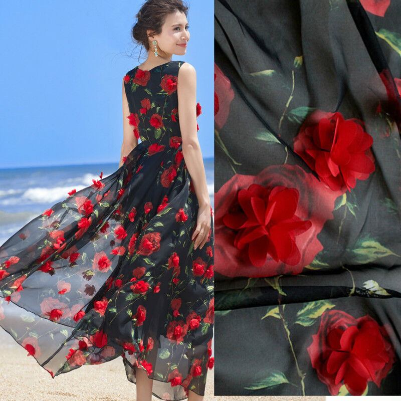 3D Embroidered Flower Sheer Chiffon Fabric Bridal Wedding Dress Cloth 100*150 cm