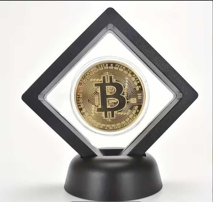 Crypto Bitcoin Commemorative Collectible Coin in Black case on Stand