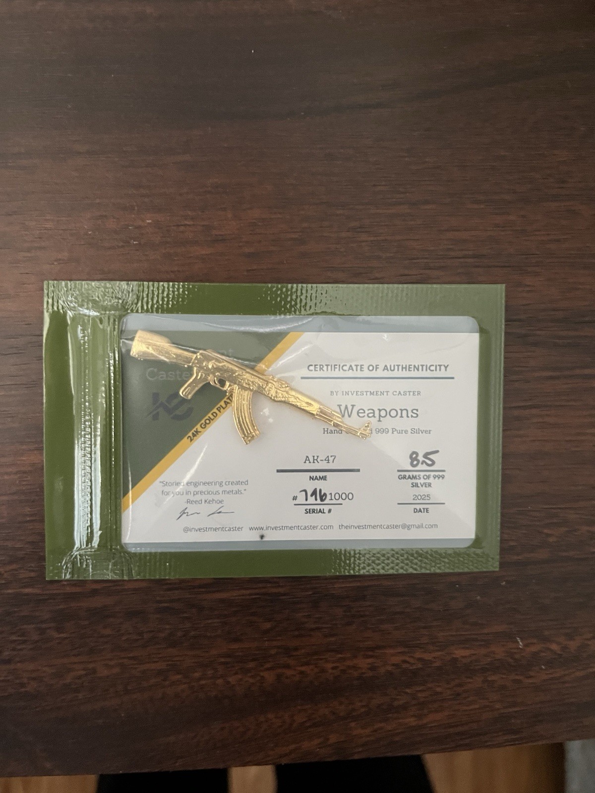 Beautiful Investment Caster Ak-47  8.5 G .999 Silver 24k Gold Plated Weapon COA