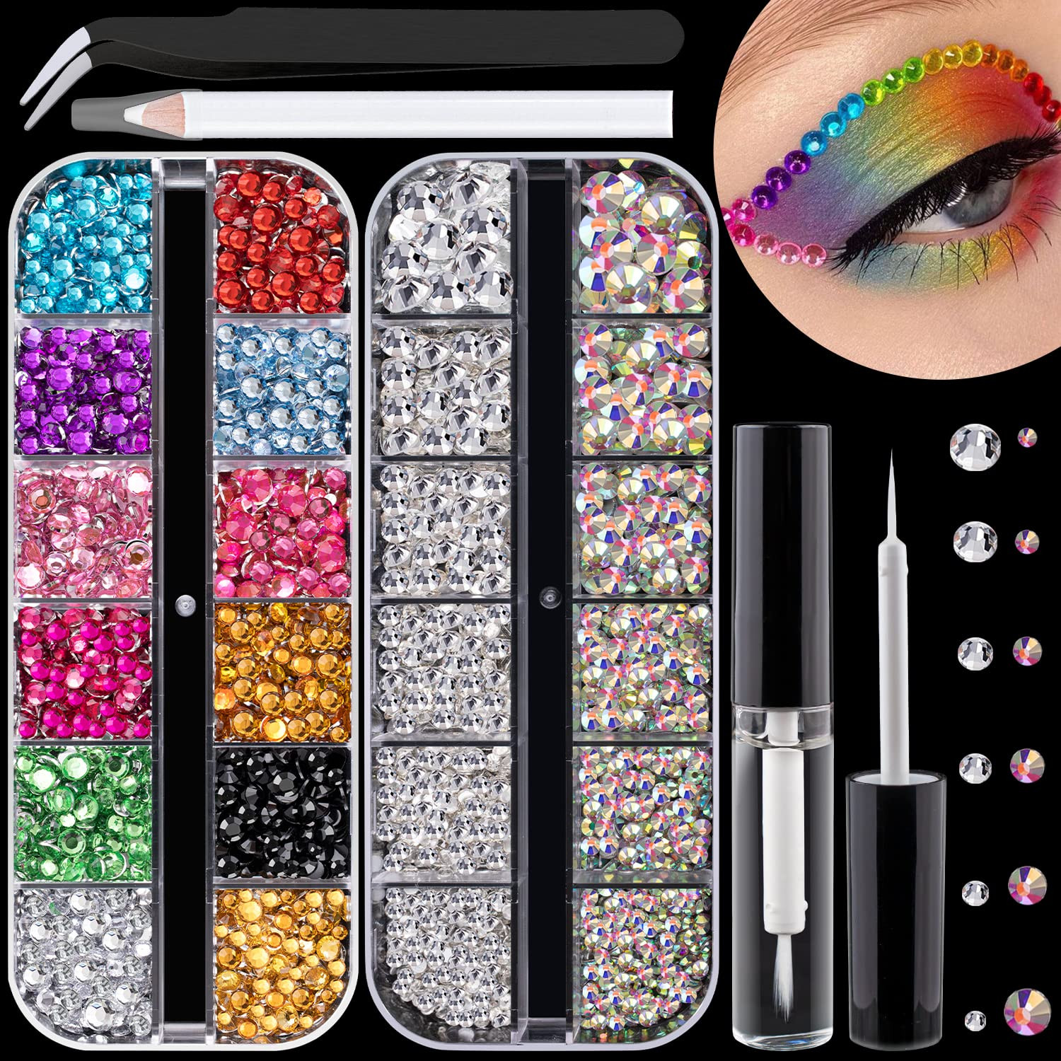 Flat Back Rhinestone Kits Colorful Rhinestones+Crystal White Face Gems Nail