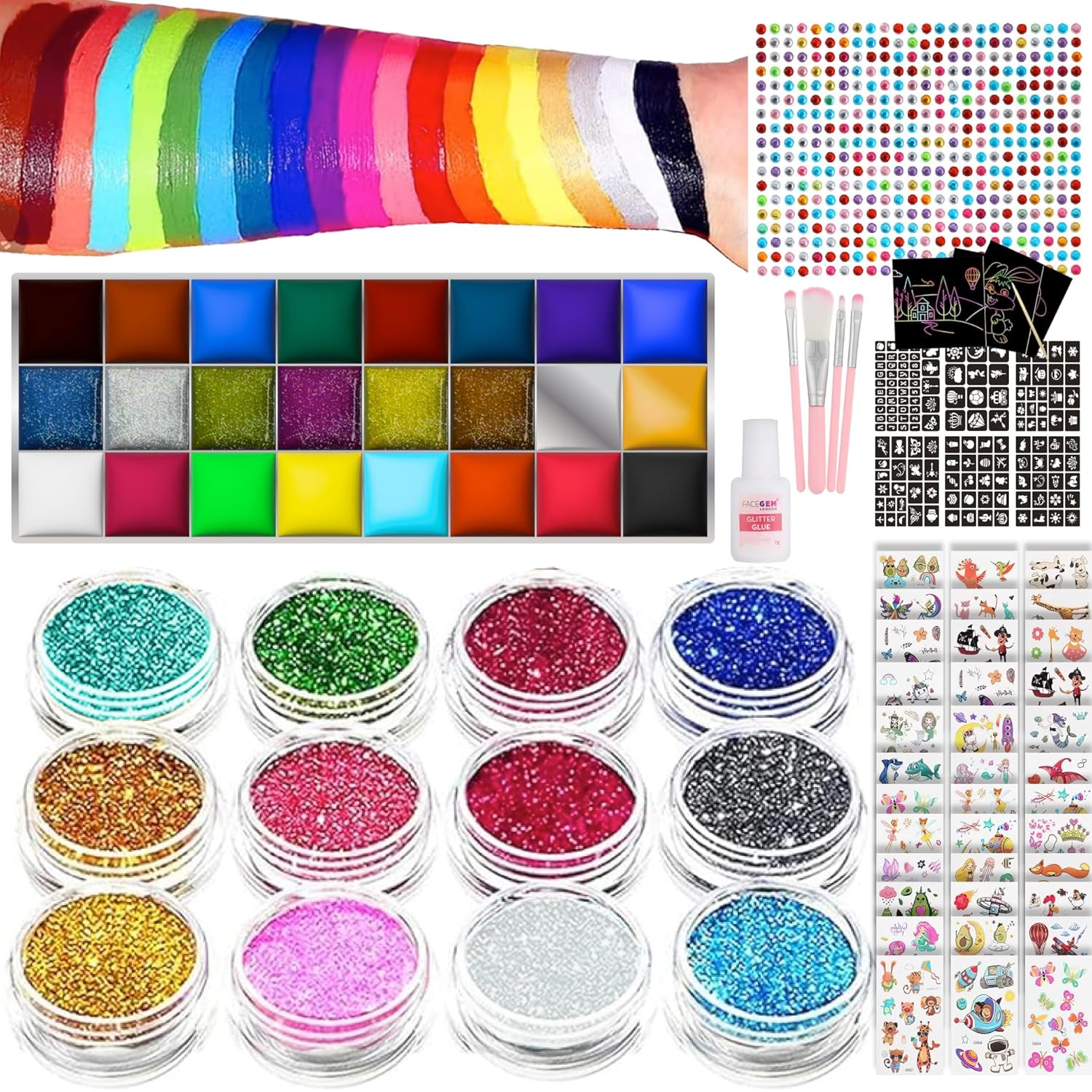 Face Paint Kit - Glitter Tattoos, Face Gems, Temporary Tattoos, Festival Accesso