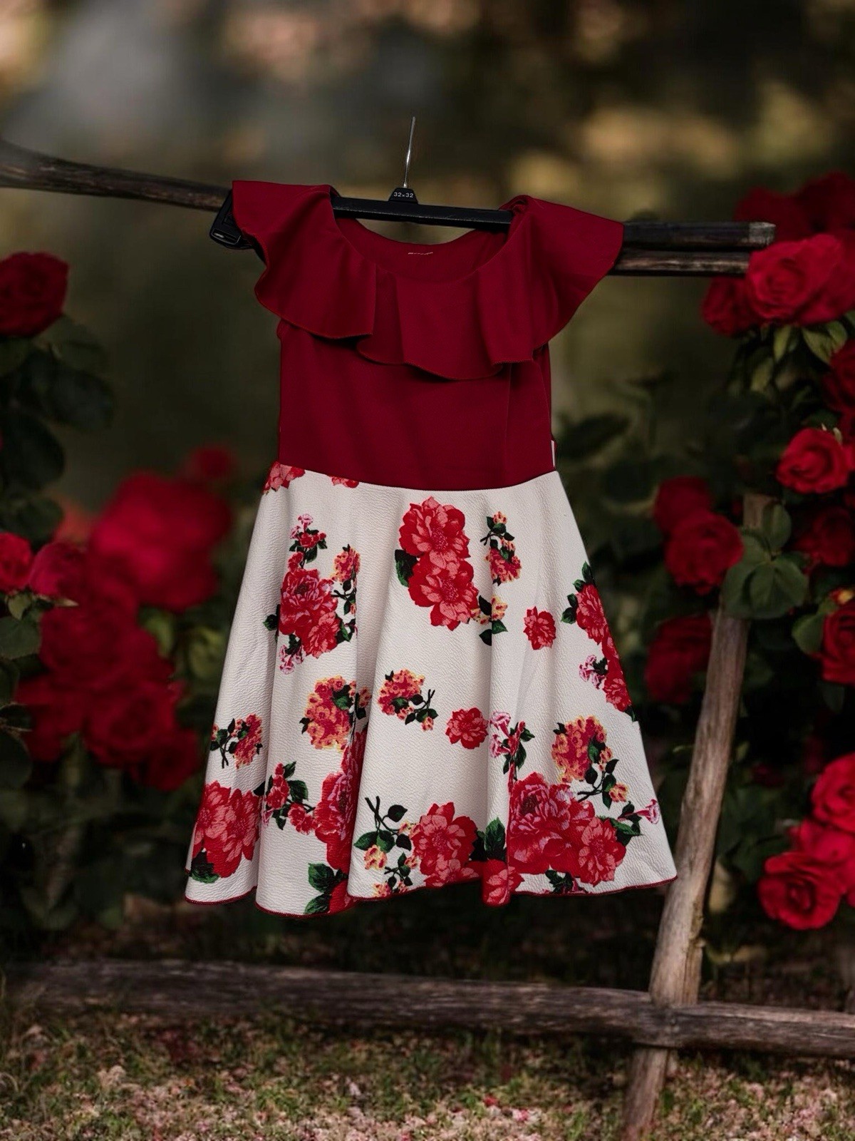 Girls Red Floral Fit & Flare Knee Length Dress with Ruffle Sleeve