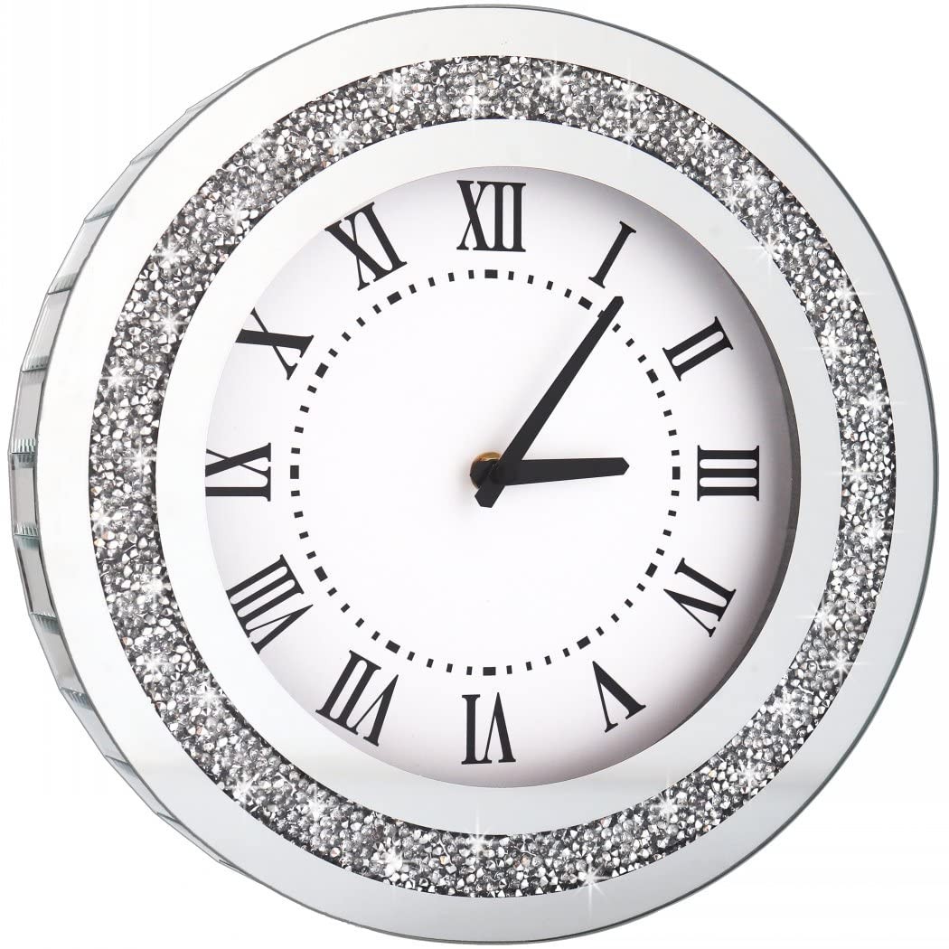 Silver Round Mirror Clock 12inch Crystal Sparkle Twinkle Bling Pure 